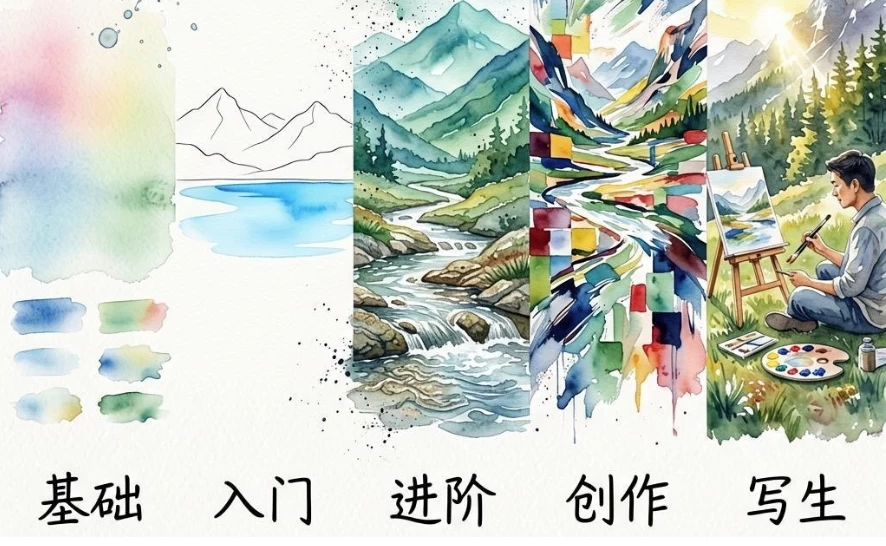 水彩风景五合一 (基础+入门+进阶+创作+写生)-酷软
