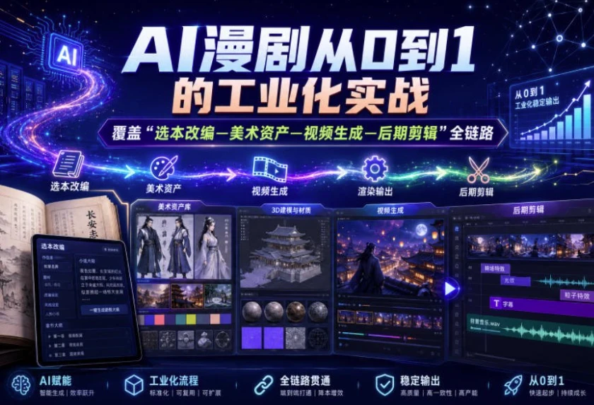 AI漫剧从0到1的工业化实战,覆盖“选本改编—美术资产—视频生成—后期剪辑”全链路课程-酷软