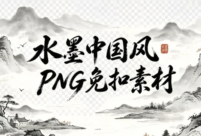 水墨中国风PNG免扣素材,山水花草+植物建筑一键调用-酷软